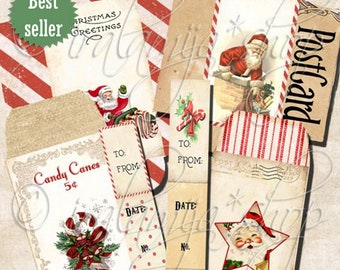 CHRISTMAS ENVELOPES, Printable, Ephemera Pack, Junk Journal, Post Card, Scrapbooking, Collage Sheet, Download, Digital, Vintage, Santa Claus