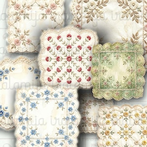 May include: A collection of square fabric coasters featuring scalloped edges and intricate floral embroidery in various colors including pink, red, green, blue, and yellow, arranged in a layered composition with visible stitched details.