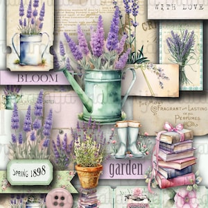 Pode incluir: Uma colagem digital de imagens vintage com flores de lavanda, um regador, botas de jardim, livros, uma máquina de escrever e um botão. O texto "Bloom", "Spring 1898", "The Most Fragrant and Lasting of all Perfumes", "With Love", "Postcard", "Garden" e "Art. Via. Acacia" está incluído na colagem.