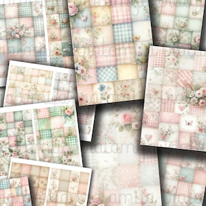 May include: A collection of digital scrapbook papers with a patchwork quilt design. The papers feature pastel colors like pink, blue, and green, with floral and gingham patterns. Some papers have roses and butterflies.