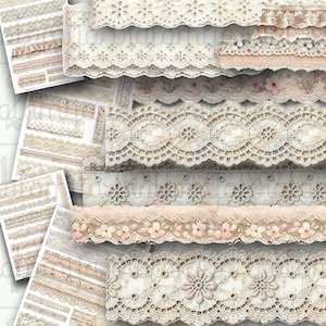 Puede incluir: Surtido de cintas de encaje de estilo vintage en varios anchos y diseños. El encaje presenta patrones florales, bordes festoneados y texturas delicadas en tonos crema, beige y rosa pálido. Algunas cintas están superpuestas, creando profundidad.