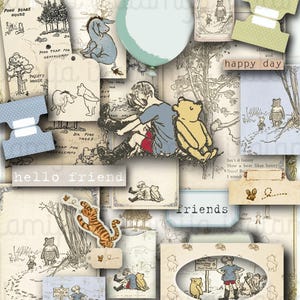 Winnie the Pooh Junk Journal Kit , Printable Vintage Pooh Ephemera, Pooh Junk Journal Pages Fussy Cut Digital Download Storybook Scrapbook