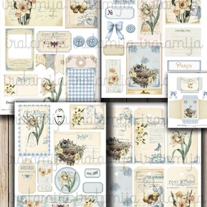 May include: A digital collage sheet with a spring theme featuring images of daffodils, butterflies, birds, and vintage postcards. The sheet includes various shapes and sizes of tags, labels, and frames. The text "Sweet Spring" appears at the bottom of the sheet.