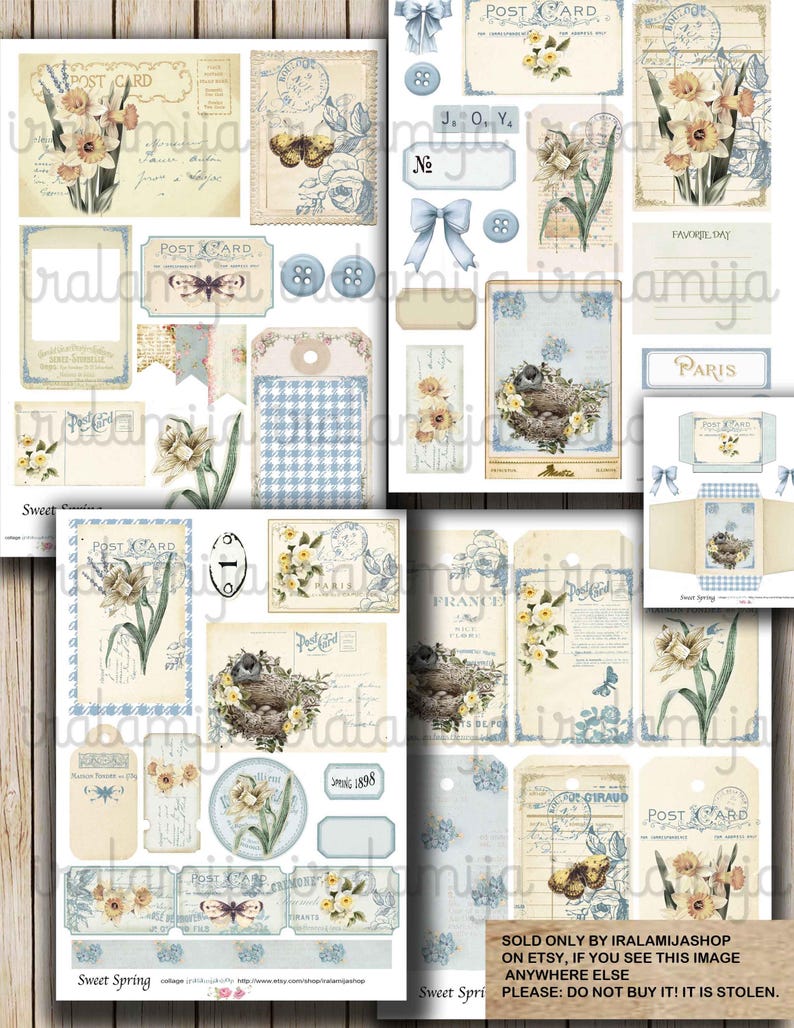 May include: A digital collage sheet with a spring theme featuring images of daffodils, butterflies, birds, and vintage postcards. The sheet includes various shapes and sizes of tags, labels, and frames. The text "Sweet Spring" appears at the bottom of the sheet.
