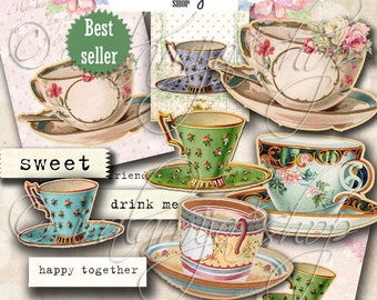 Printable Tea Cup images / TEA CUPS Digital Images / printable download / Scrapbook / Tea Cups / Tea cup Printable / Tea Party / Tea / Cups
