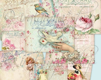 May include: A collage of vintage-style postcards featuring floral designs, birds, and children. The postcards have the text "Post Card" printed on them. The background is a light blue with white and pink floral patterns.