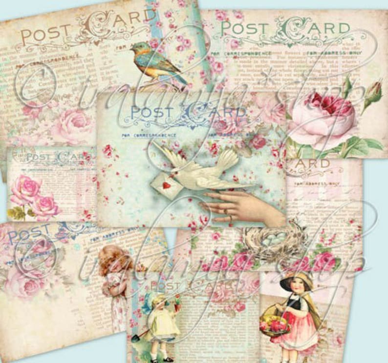 May include: A collage of vintage-style postcards featuring floral designs, birds, and children. The postcards have the text "Post Card" printed on them. The background is a light blue with white and pink floral patterns.