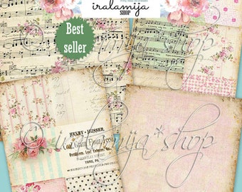 Junk Journal/ BELLA ROSE Papers, Journal Pages, Shabby, Pink, Floral, Papers, Kit, Illustrated, Roses, Flowers, Digital Download, Vintage