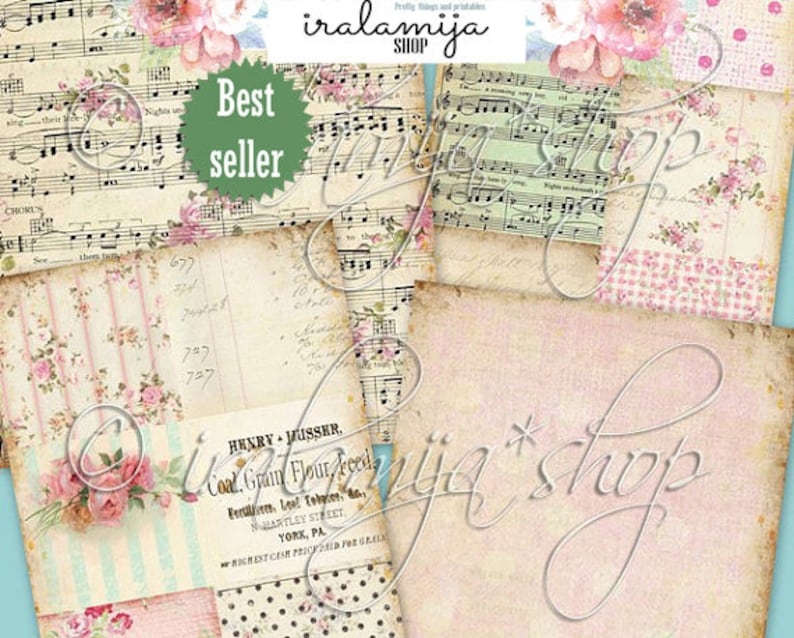 May include: A digital collage sheet with a vintage aesthetic. The sheet features a variety of images, including musical notes, floral patterns, and text. The text includes the words "Best seller" and "Henry Musser. Coal, Grain Flour, Feeds".