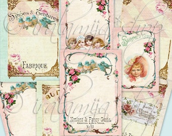 May include: A set of vintage-style printable labels with floral borders and text. The labels feature text such as "Summer Girl", "Notions & Fancy Goods", and "Fabrique".