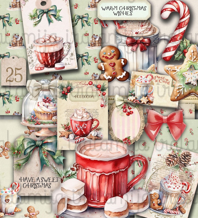 May include: A digital collage of Christmas themed images, including a red mug with hot cocoa, a gingerbread man, a cupcake under a glass dome, a red bow, and a candy cane. The collage has a green background with a white and red pattern.