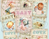 BABY BINGO Cards, Junk Journal, Vintage Baby Tags, Printable Shabby Baby, Flip Book, Keepsake, Scrapbook, Journal Ephemera Kit, Baby Cards