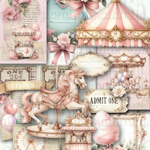 Kit de diario basura de CARNAVAL SHABBY, efímera de carrusel vintage imprimible, páginas de diario basura de verano, recortes recargados, descarga digital de carnaval, etiquetas de feria