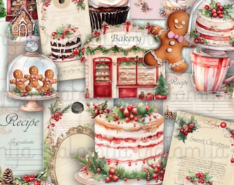 May include: A digital paper pack with a Christmas theme featuring images of gingerbread houses, cakes, cupcakes, and a bakery. The images are in a watercolour style and have a vintage feel. The pack includes recipe cards, tags, and other decorative elements.