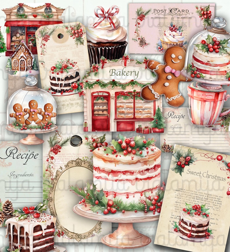 May include: A digital paper pack with a Christmas theme featuring images of gingerbread houses, cakes, cupcakes, and a bakery. The images are in a watercolor style and have a vintage feel. The pack includes recipe cards, tags, and other decorative elements.