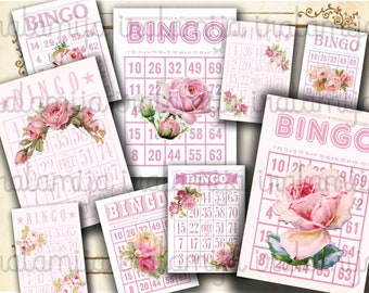 BINGO KARTEN / ROSE Bingo Karten / Vintage Bingo Karten / Bilder / Vintage Style druckbare Bingo Karten / Bingo Karte / Rosa Bingo Karten / Rosen