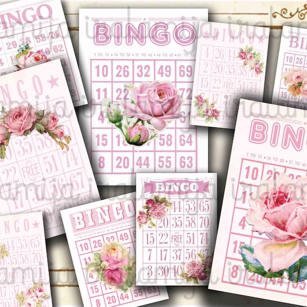 BINGO CARDS / ROSE Bingo Cards / Vintage Bingo Cards / Images / Vintage Style printable Bingo cards / Bingo Card / Pink Bingo Cards / Roses