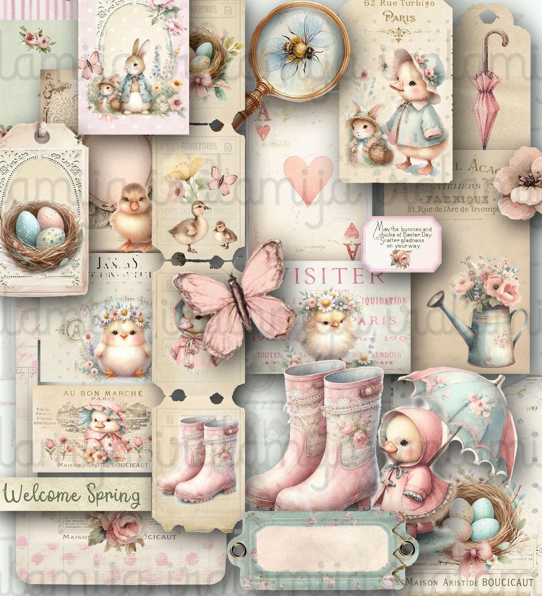 SHABBY SPRING Junk Journal Ephemera Digital Fussy Cut Journal Duckling ...