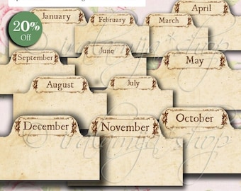 MONTHS and DAYS TABS collage Digital Images  -printable download file- Digital Collage Sheet Vintage Paper Scrapbook -Tabs - Planner Tabs