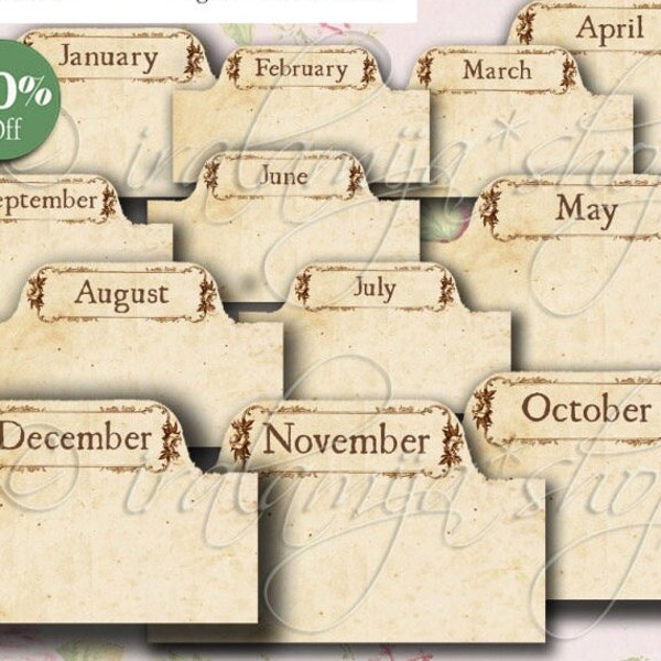 MONTHS and DAYS TABS collage Digital Images  -printable download file- Digital Collage Sheet Vintage Paper Scrapbook -Tabs - Planner Tabs