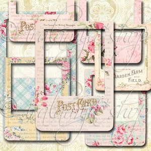 May include: Six vintage-style frames with floral designs and text. The frames are in shades of pink, blue, and yellow. The text includes "Post Card", "Garden, Farm and Field", and "This Space for Writing Messages".