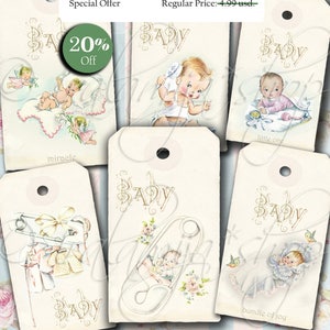 Images numériques collage VINTAGE BABY TAGS-fichier de téléchargement imprimable/feuille de collage numérique/album papier vintage/étiquettes bébé/bébé/nouveau-né