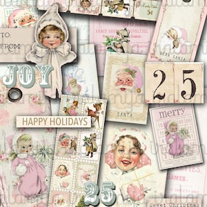 SWEET CHRISTMAS Junk Journal, Planner, Vintage, Ephemera, Shabby, Cut Outs, Floral, Pink , Digital Download, Iralamimjashop, Printable, Tags