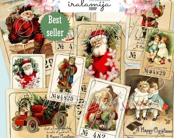 May include: A collection of vintage Christmas images featuring Santa Claus, children, and holiday scenes. The images are printed on cardstock and have a distressed, antique look. The images are numbered and have a festive, nostalgic feel.