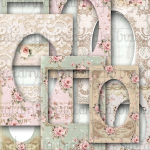 May include: A collage of vintage-style paper elements with floral and lace patterns. The design includes oval and rectangular frames, floral prints, and aged paper textures in soft pink, green, and cream tones. The overall aesthetic is romantic and antique.