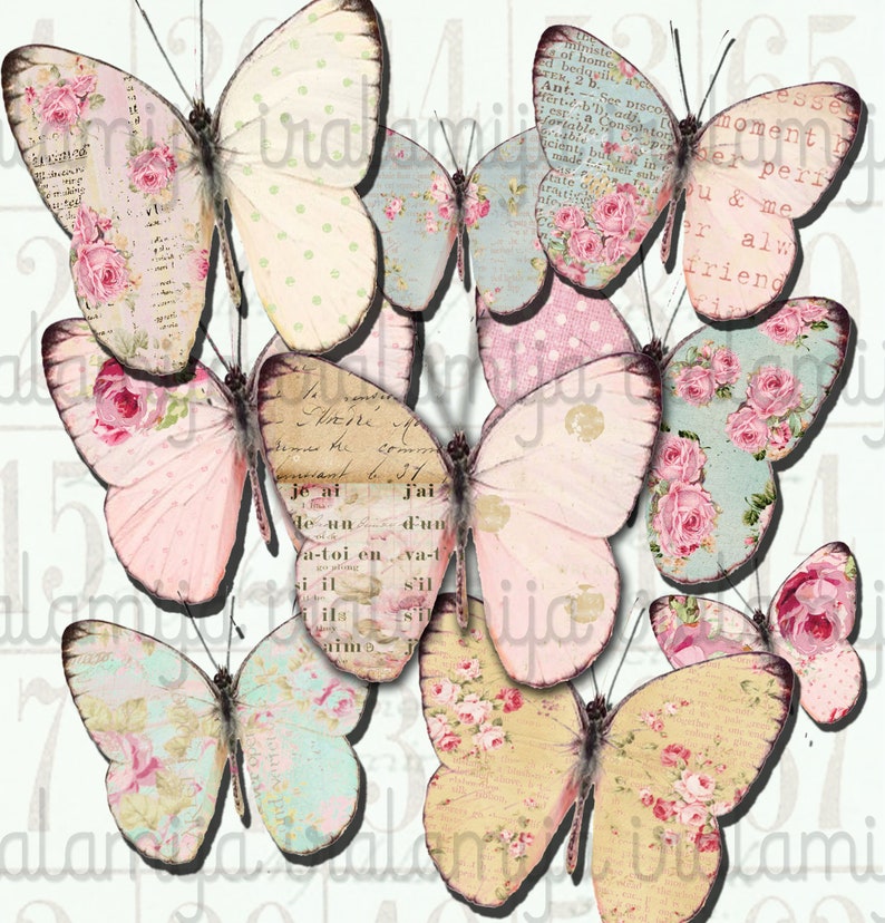 May include: A collection of eight vintage-style butterflies with delicate floral patterns and text overlays. The butterflies are in various shades of pink, blue, and cream, with accents of gold and green. The butterflies are arranged in a cluster, creating a whimsical and romantic design.