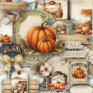 Pode incluir: Uma colagem em estilo vintage com abóboras laranja, elementos de outono e rótulos. A imagem inclui o texto "PUMPKIN" e "FALL HARVEST", com molduras decorativas e detalhes florais, evocando um tema sazonal.