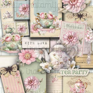 Op de afbeelding: Een digitale collage van afbeeldingen met theekopjes, theepotten, vlinders, bloemen en vintage tekst. De afbeeldingen zijn in tinten roze, wit en groen, met een delicate en vrouwelijke esthetiek. De tekst bevat "Tea Party", "Tea Time", "Memories" en "With Love".