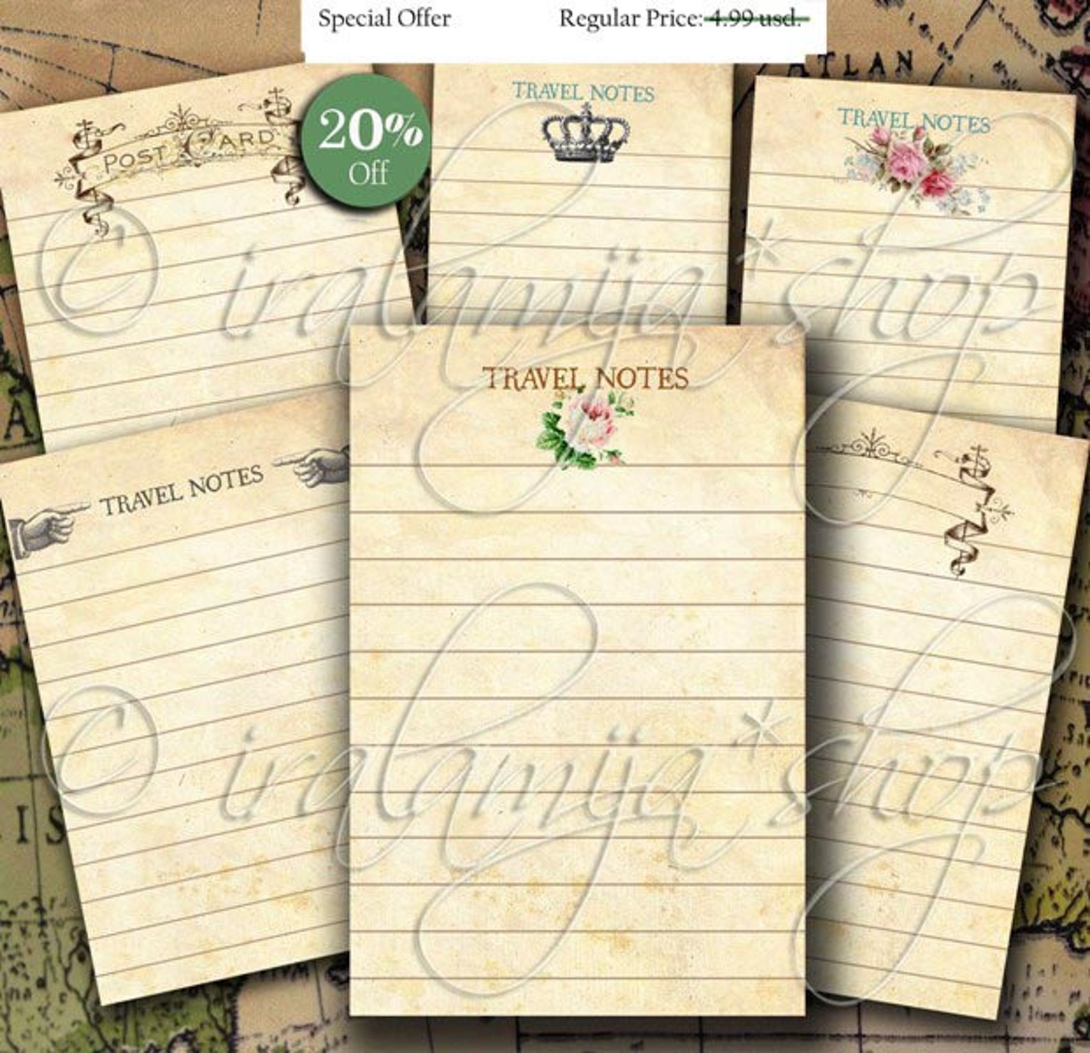Travel Note Entry TRAVEL NOTES Printable Collage Digital Images -printable Download File ...