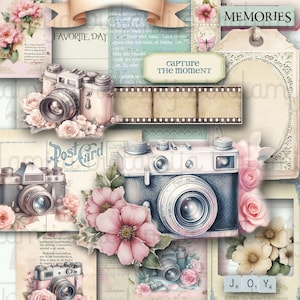May include: A collage of vintage cameras, postcards, and floral arrangements in pastel hues. The text includes "Capture the Moment" and "Memories". The overall aesthetic is nostalgic and romantic, with a focus on photography.