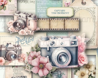 Peut inclure: Un collage avec des appareils photo vintage, des cartes postales et des éléments floraux aux couleurs pastel. On peut lire "Capture the Moment" et "Memories". L'ensemble évoque un thème nostalgique et romantique.