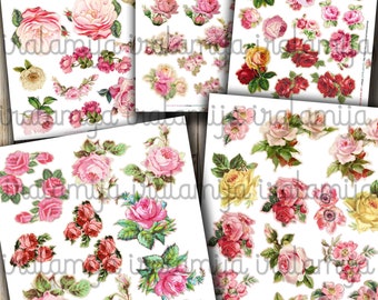 Puede incluir: Una hoja de collage digital con ilustraciones vintage de rosas rosas, rojas y amarillas. Las rosas están dispuestas en varios tamaños y posiciones sobre un fondo blanco. La hoja es perfecta para scrapbooking, creación de tarjetas y otros proyectos de manualidades.