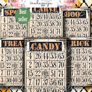 Tarjetas de bingo de Halloween, collage de tarjetas de bingo con trucos, tarjetas de bingo, imágenes, diario basura, kit, planificador, efímeras, tarjetas antiguas, bingo, etiquetas