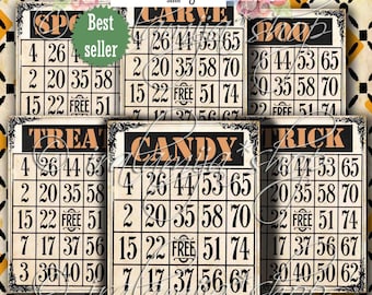 Puede incluir: Conjunto de seis tarjetas de bingo de Halloween de estilo vintage con bordes negros y naranjas. Las tarjetas presentan las palabras "Spook", "Carve", "Boo", "Treat", "Candy" y "Trick" en letras grandes y en negrita. Cada tarjeta tiene una cuadrícula de 5x5 con números y la palabra "Free" en el cuadrado central.