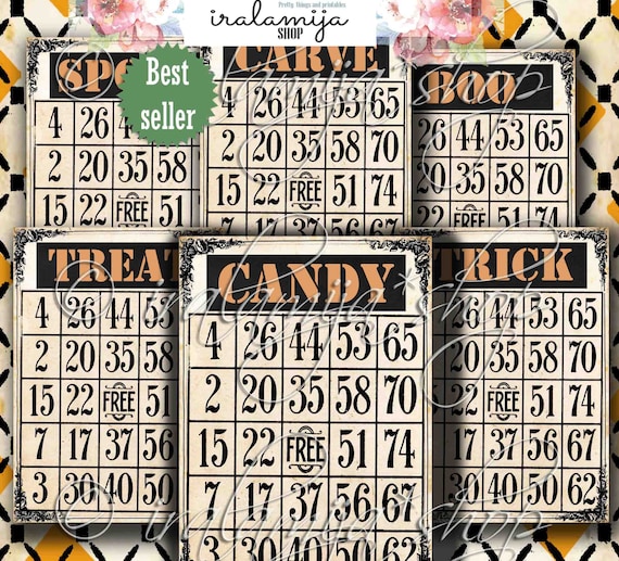 Halloween Bingo Cards, TRICK BINGO CARdS Collage,  Bingo Cards, Images, Junk Journal, Kit, Planner, Ephemera, Vintage Cards, Bingo, Tags