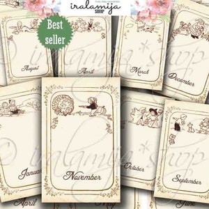 CARTÕES VINTAGE Imagens digitais imprimíveis - Cartões de mês imprimíveis - Folha de colagem digital Papel vintage Scrapbook - Planejador - Cartões de mês