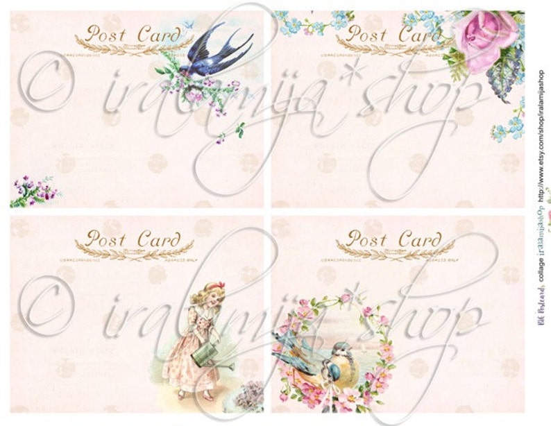 May include: Four printable vintage-style postcard templates with floral designs. Each card features a different design with a bird, flowers, and the text "Post Card".