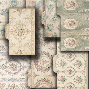 May include: A collection of rectangular file folders featuring various vintage-inspired floral patterns. The designs include cream, sage green, and soft pink color palettes with intricate gold filigree, rose motifs, and ornate borders.