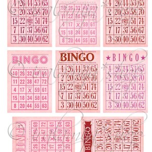 以下が含まれることがあります： 1から75までの数字が書かれたピンクと赤のビンゴカード6枚。各カードの中央にはフリースペースがあります。カードはビンテージ調のデザインで、ピンクの背景に赤い文字が書かれています。