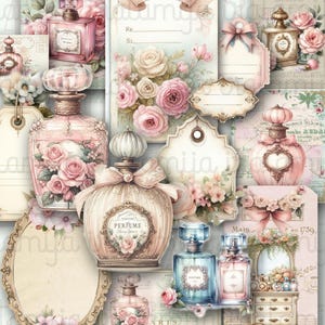 May include: A collage of vintage-style perfume bottles, tags, and floral elements in soft pastel colors. The bottles vary in shape and size, some adorned with bows and floral arrangements. The overall theme is romantic and feminine, with a focus on beauty and fragrance.