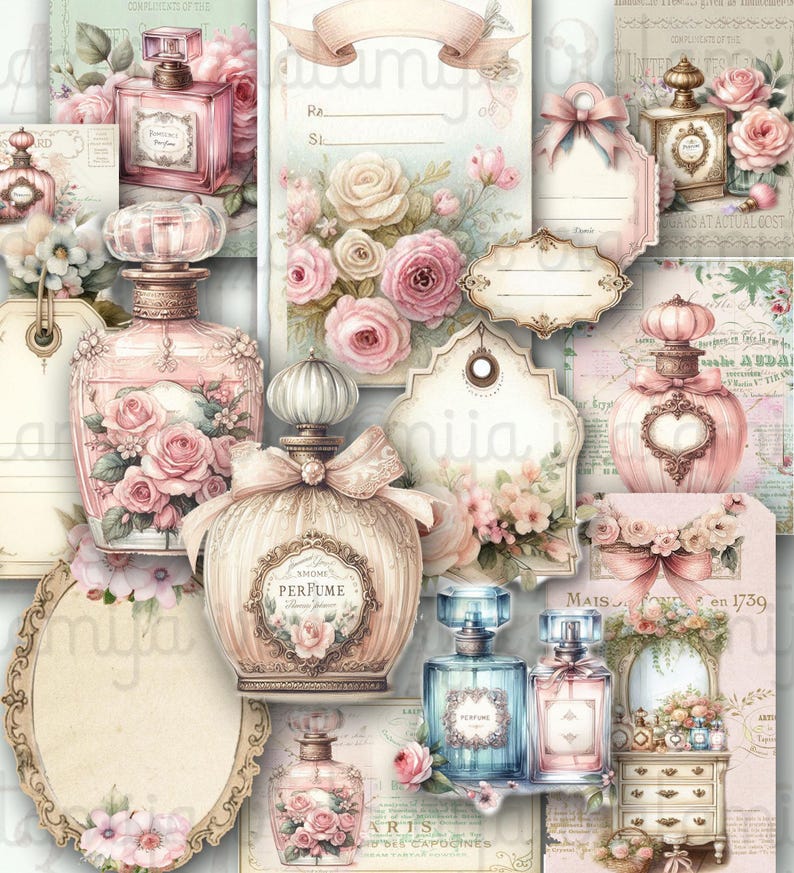 May include: A collage of vintage-style perfume bottles, tags, and floral elements in soft pastel colors. The bottles vary in shape and size, some adorned with bows and floral arrangements. The overall theme is romantic and feminine, with a focus on beauty and fragrance.