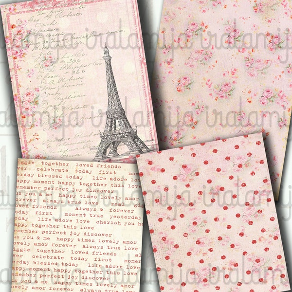 ZOETE ACHTERGRONDEN No.2, Junk Journal, Mini Paper, Collage, Afdrukbaar, Digitale download, Shabby, Liefde, Romantiek, Parijs, Bloemen, Iralamijashop