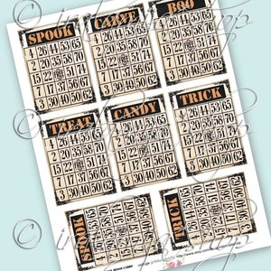 May include: Eight printable Halloween bingo cards with different themes, including "Boo", "Spook", "Treat", "Carve", "Candy", and "Trick". Each card has a 5x5 grid with numbers and the word "Free" in the centre.