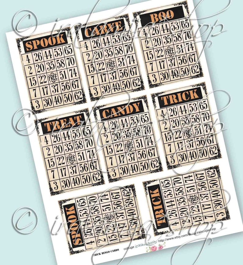 May include: Eight printable Halloween bingo cards with different themes, including "Boo", "Spook", "Treat", "Carve", "Candy", and "Trick". Each card has a 5x5 grid with numbers and the word "Free" in the centre.