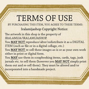 May include: A digital image with a gold octagon border and white text outlining the terms of use for artwork purchased from the shop Iralamijashop. The text states that the artwork is the property of Iralamijashop and that the buyer may not reproduce, alter, or redistribute the artwork as a digital item. The buyer may not re-sell the images as-is or as their own work. The buyer may use the images in scrapbooking items, cards, tags, junk journals, etc. to sell them, but they may not simply print them out and re-sell them. The images must be altered and/or incorporated into a handmade project.