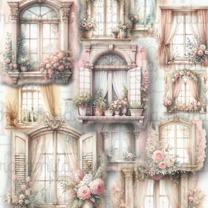 Puede incluir: Ilustración en acuarela con múltiples ventanas adornadas con arreglos florales, incluyendo rosas rosas y vegetación. Las ventanas tienen cortinas delicadas, creando una estética suave, romántica y vintage, que evoca un estilo cottagecore.